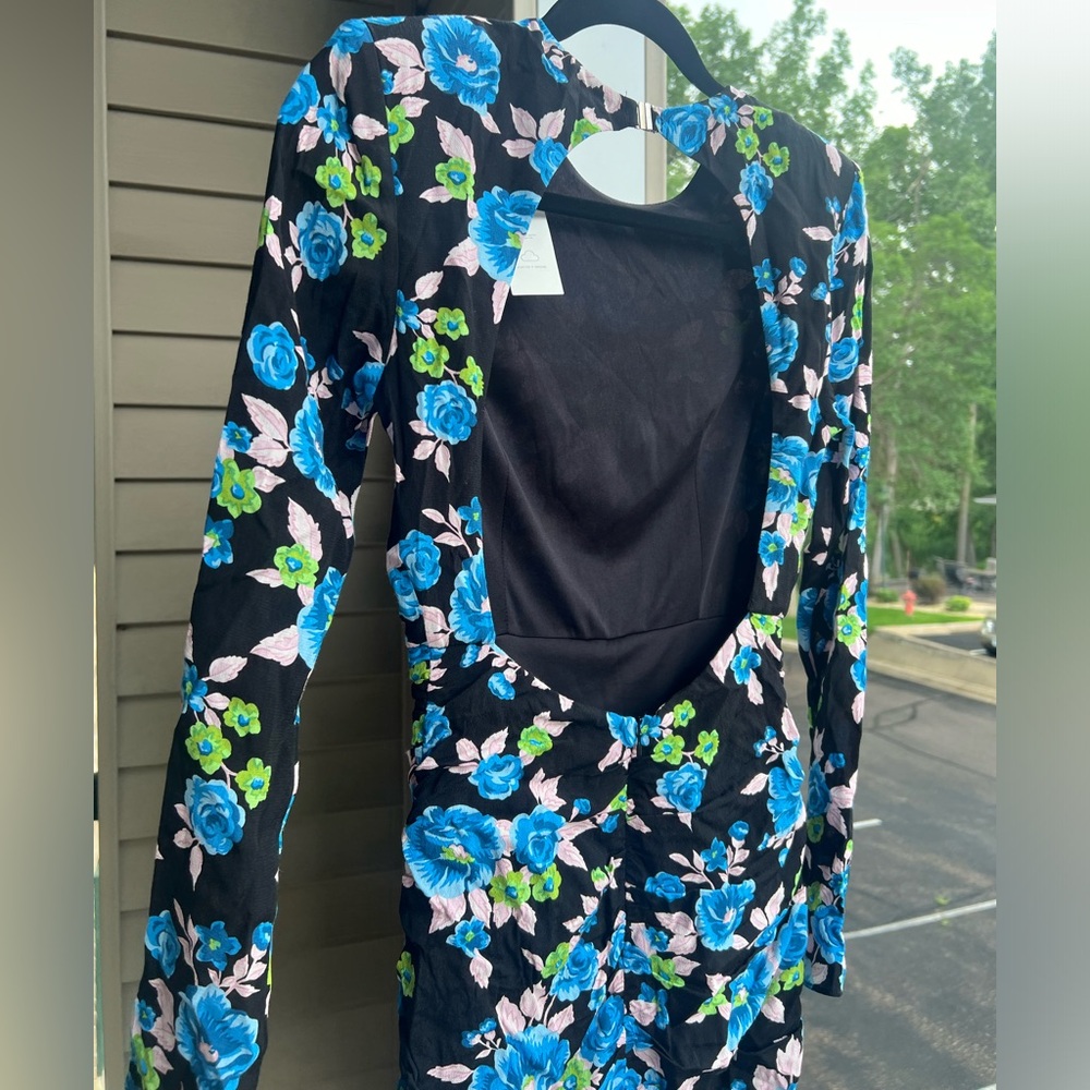 🆕 Zara Blue Floral Open Back Mini Dress XS | Long Sleeve Ruched - Picture 8 of 17